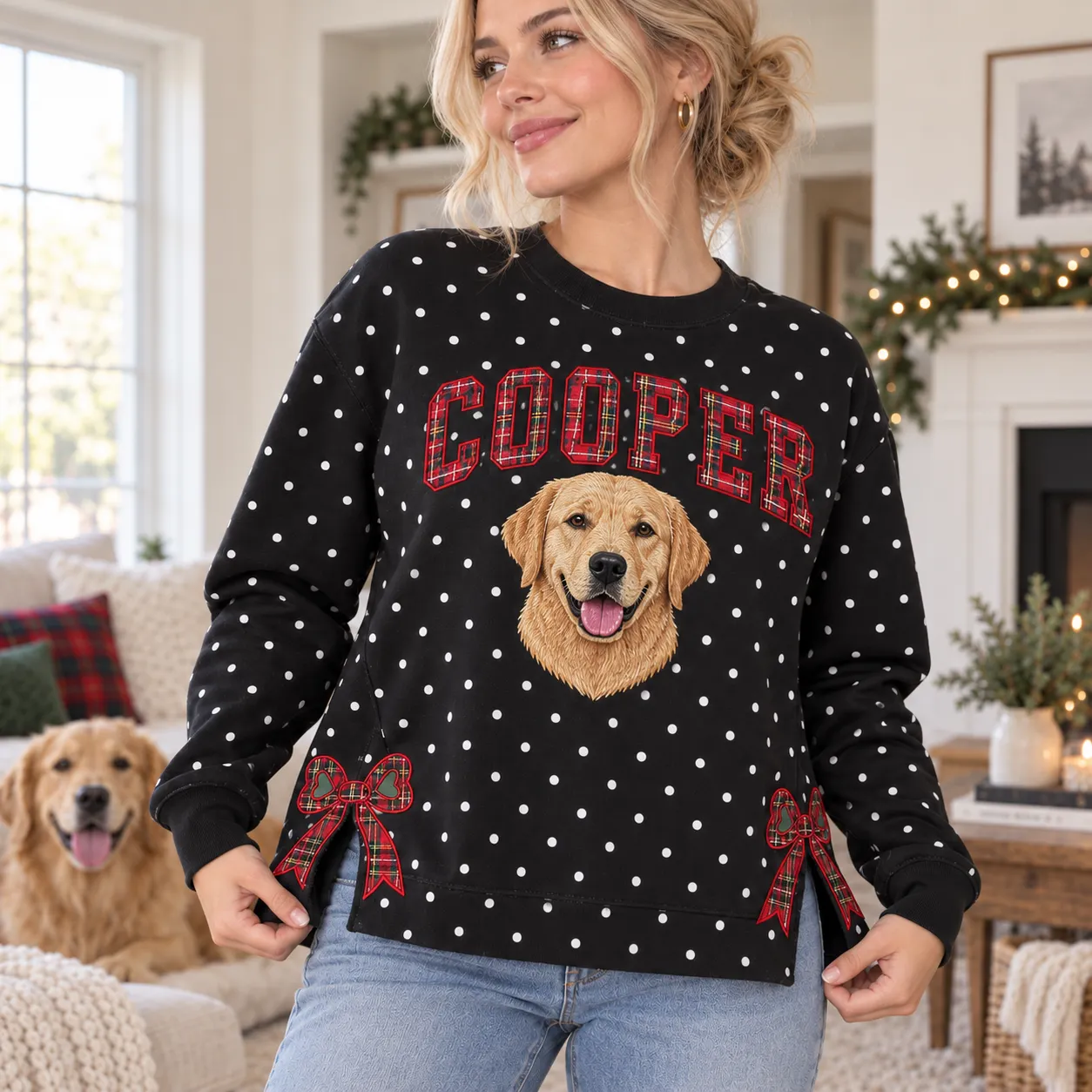 Personalized Pet Portrait Embroidered Polka Dot Sweatshirt with Plaid Bow Side Slits