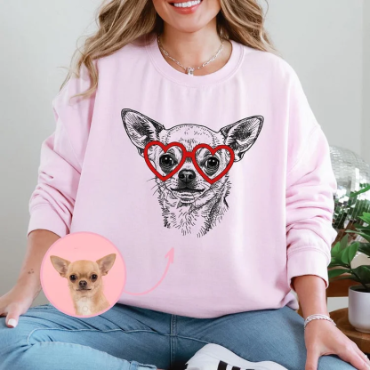 Custom Pet Valentine’s Day Sweatshirt - Personalized Dog/Cat Heart Glasses Graphic Sweats
