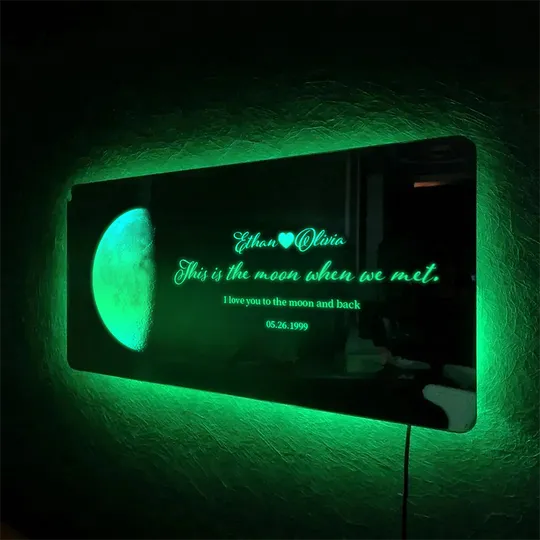 Personalized Couple Anniversary Sun and Moon Phase Mirror Light