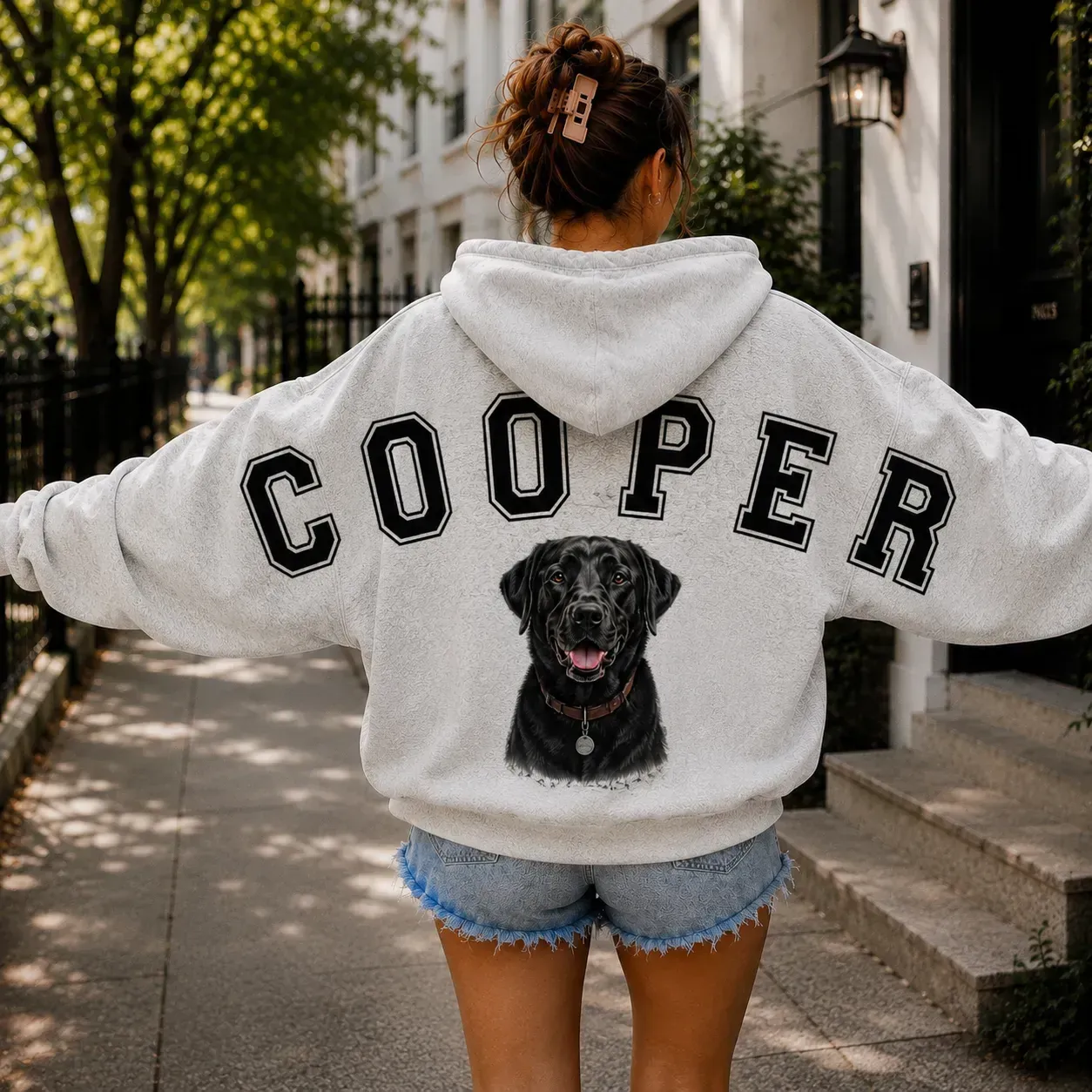 Custom Pet Portrait Sweatshirt with Distressed Big Back Name, Dog Mom Hoodie