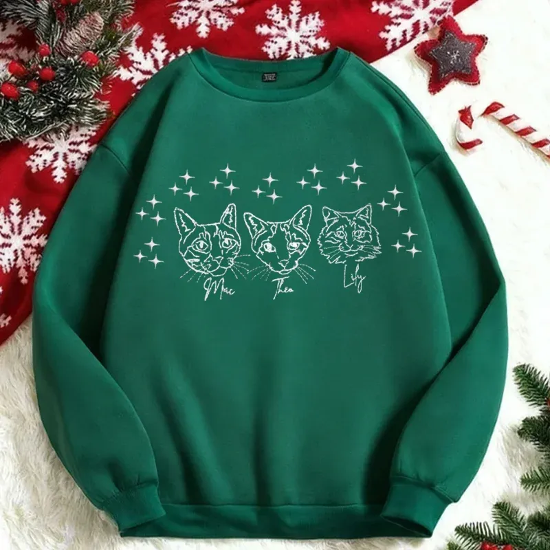 Custom Pet Face Christmas Embroidered Outline Style Sweatshirts, Hoodies, T-Shirts
