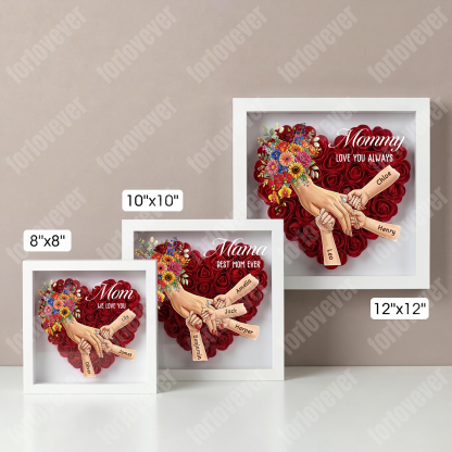 Forlovever™ Personalized Mommy Holding Hands Shadow Box – Custom Kids Names Floral Heart Frame Gift for Mom & Grandma | Mother’s Day Gift