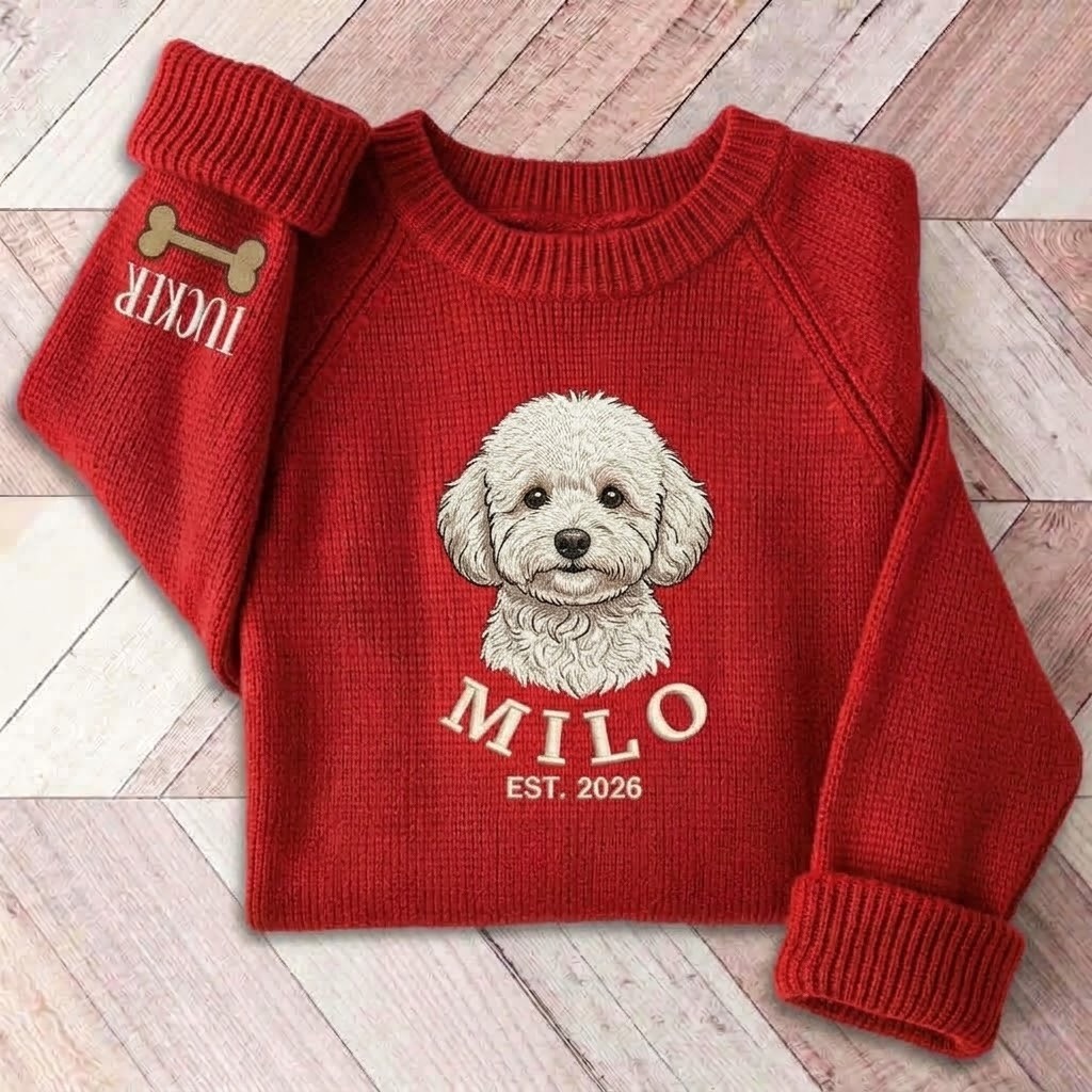 Custom Pet Portrait Knit Sweater, Personalized Dog Embroidered Sweater, Pet Lover Gift
