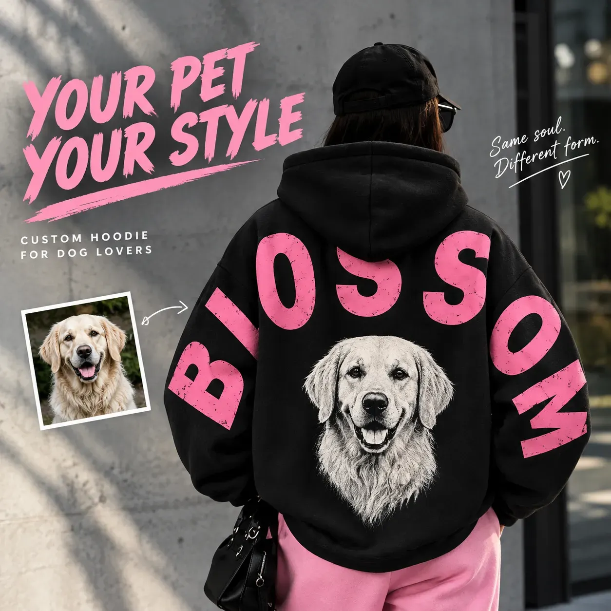 Custom Pet Portrait Sweatshirt with Solid Big Back Name, Personalized Dog Mom Hoodie