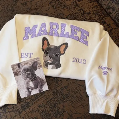Custom Pet Portrait Embroidered Sweatshirt with Polka Dot Applique Varsity Name