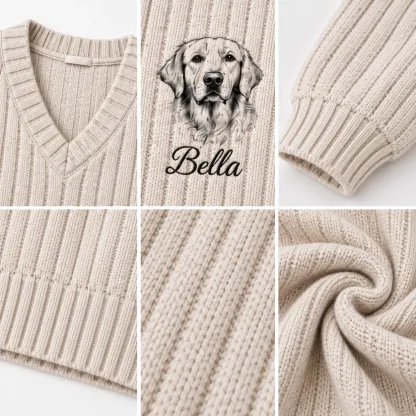 Personalized Pet Portrait V-Neck Knit Sweater – Custom Pet Photo & Name Embroidery