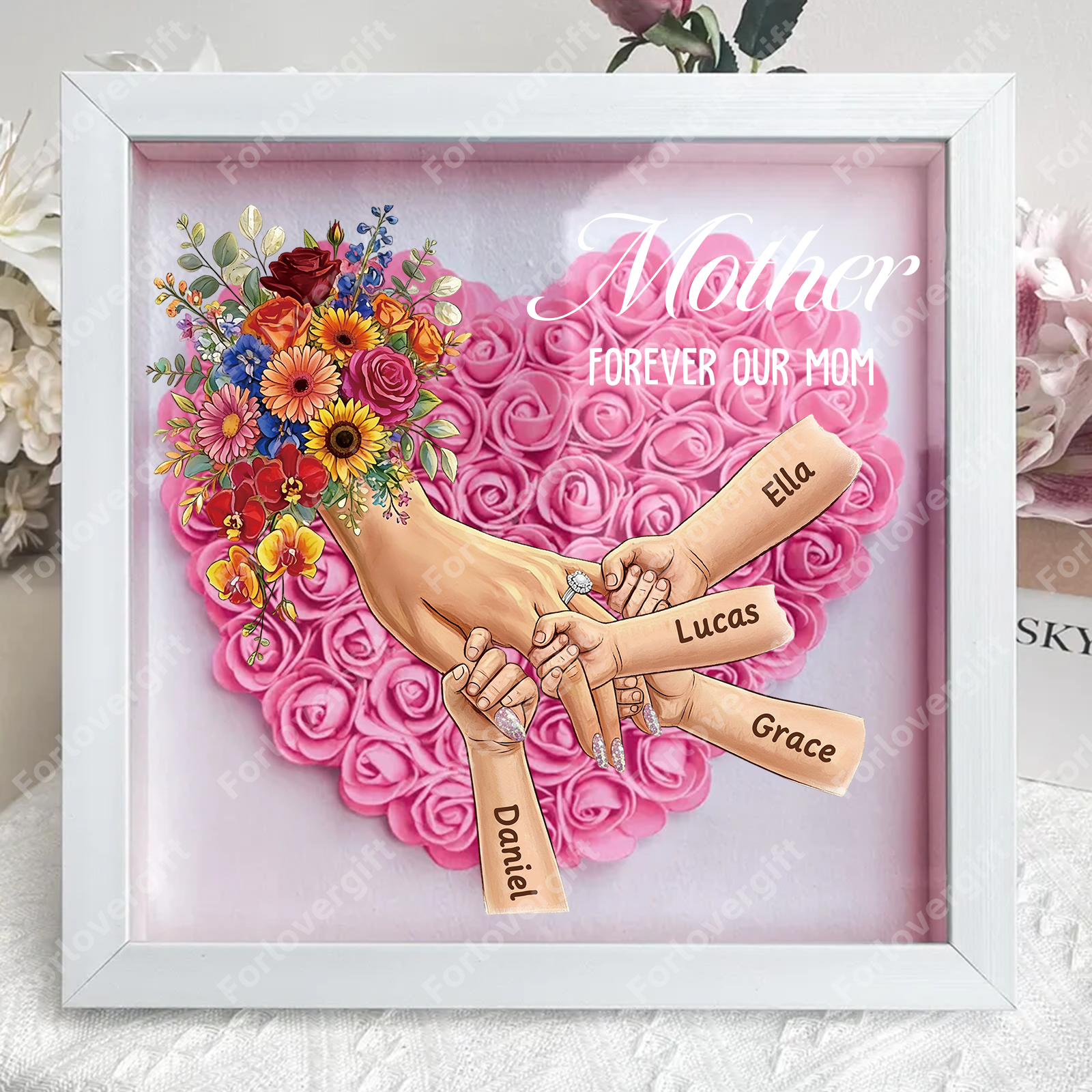 Forlovever™ Personalized Mommy Holding Hands Shadow Box – Custom Kids Names Floral Heart Frame Gift for Mom & Grandma | Mother’s Day Gift
