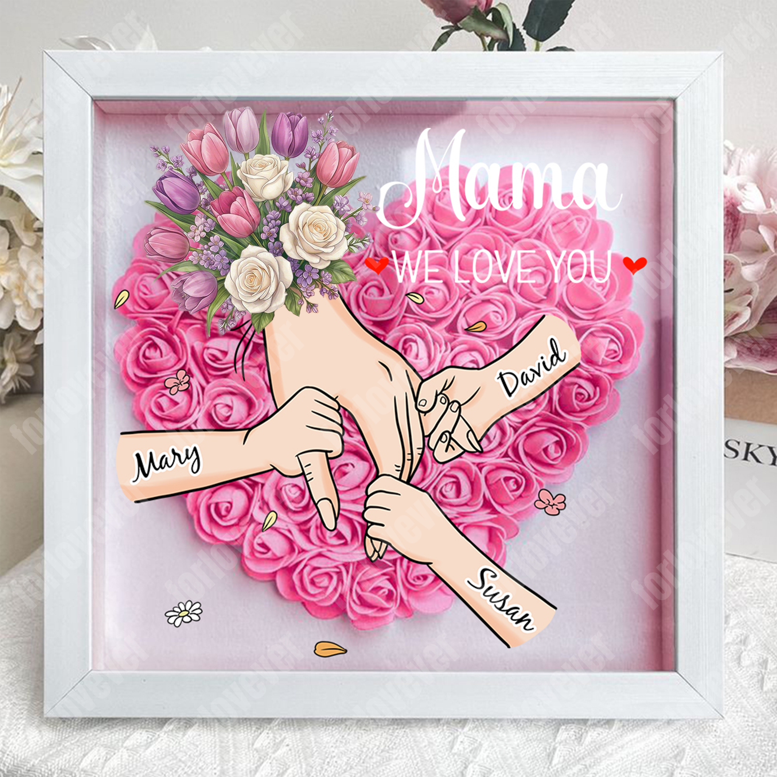 Forlovever™ Personalized Floral Mommy Holding Hands Shadow Box – Custom Kids Names Floral Heart Frame Gift for Mom & Grandma | Mother’s Day Gift