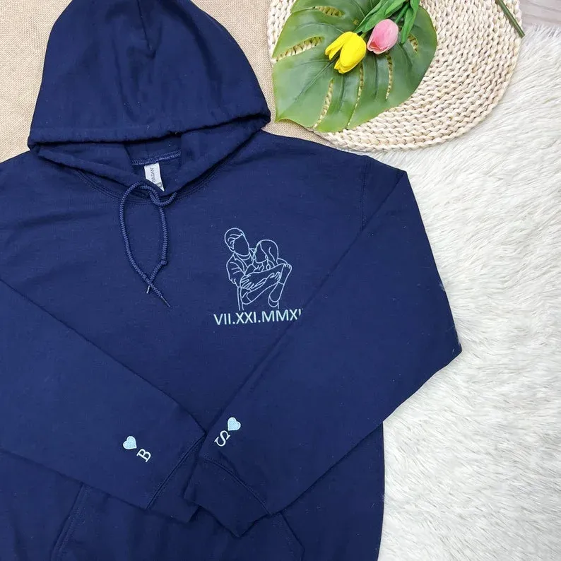 Forlovever Custom Couple Photo Outline Embroidered Roman Numeral Anniversary T-Shirt Sweatshirt Hoodie