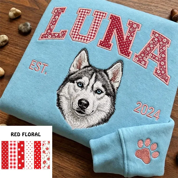 Custom Pet Portrait Patchwork Appliqué Embroidered Sweatshirt Hoodie T-Shirt
