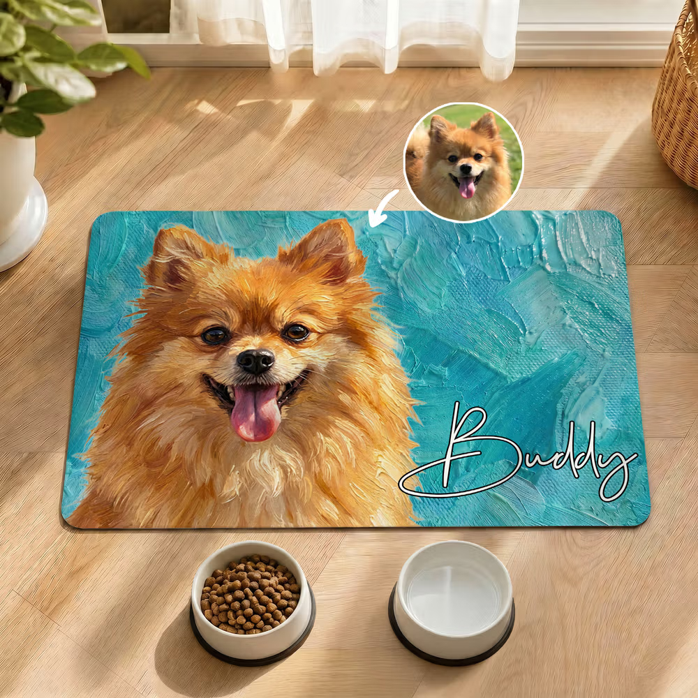 Personalized Oil Painting Style Pet Photo Food Mat with Name Home Decor Pet Supplies Birthday Gift for Cat Dog Pet Owner Lovers