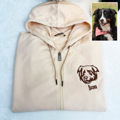 Custom Pet Portrait Embroidered Portrait Hooded Zip Up Hoodie