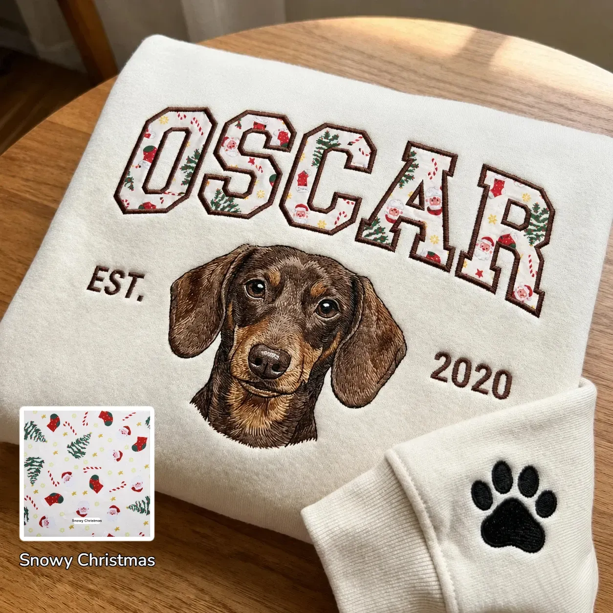 Custom Pet Portrait Embroidered Sweatshirt with Christmas Festive Name Applique