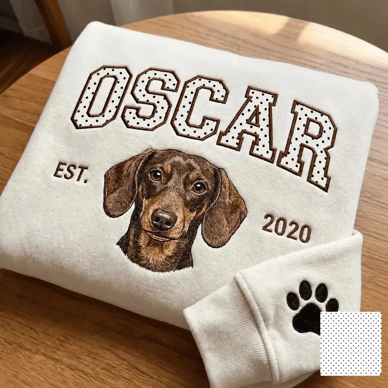 Custom Pet Portrait Embroidered Sweatshirt with Polka Dot Applique Varsity Name