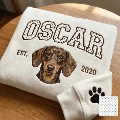 Custom Pet Portrait Embroidered Sweatshirt with Polka Dot Applique Varsity Name