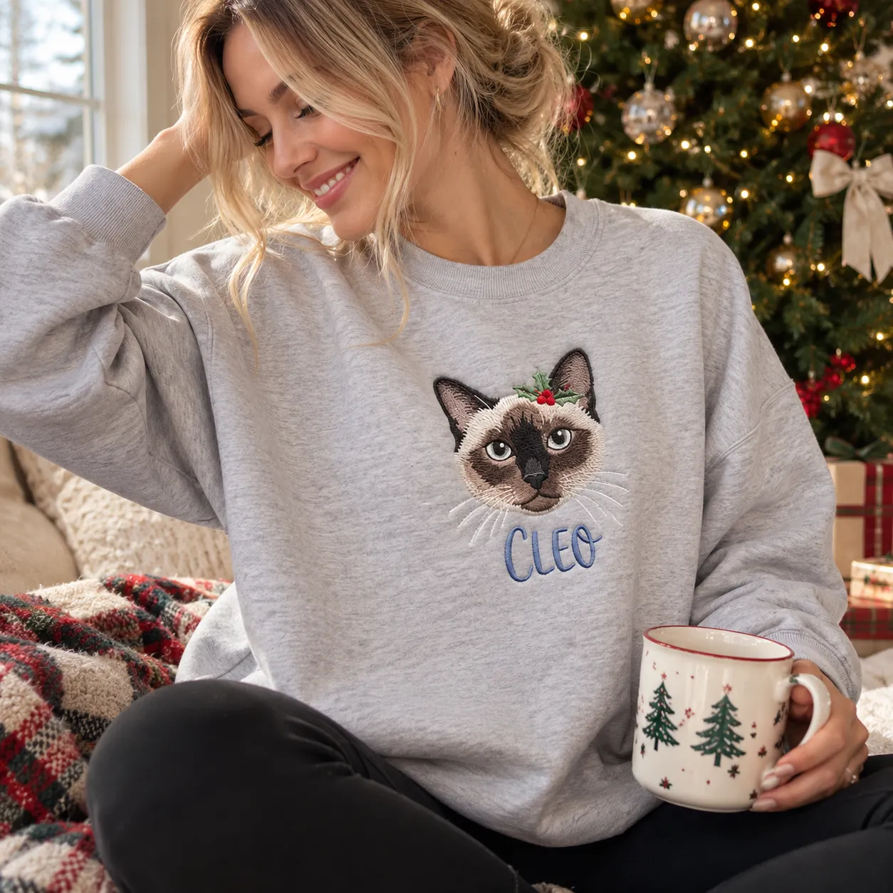 Personalized Pet Christmas Sweatshirt — Embroidered Dog or Cat Portrait with Holiday Hat
