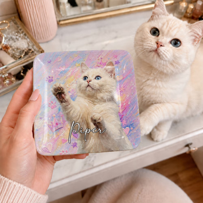 Personalized Graffiti Colorful Oil Painting Style Pet Photo Square Ceramic Trinket Jewelry Dish with Name Daily Use Birthday Gift for Pet Owner Lover
