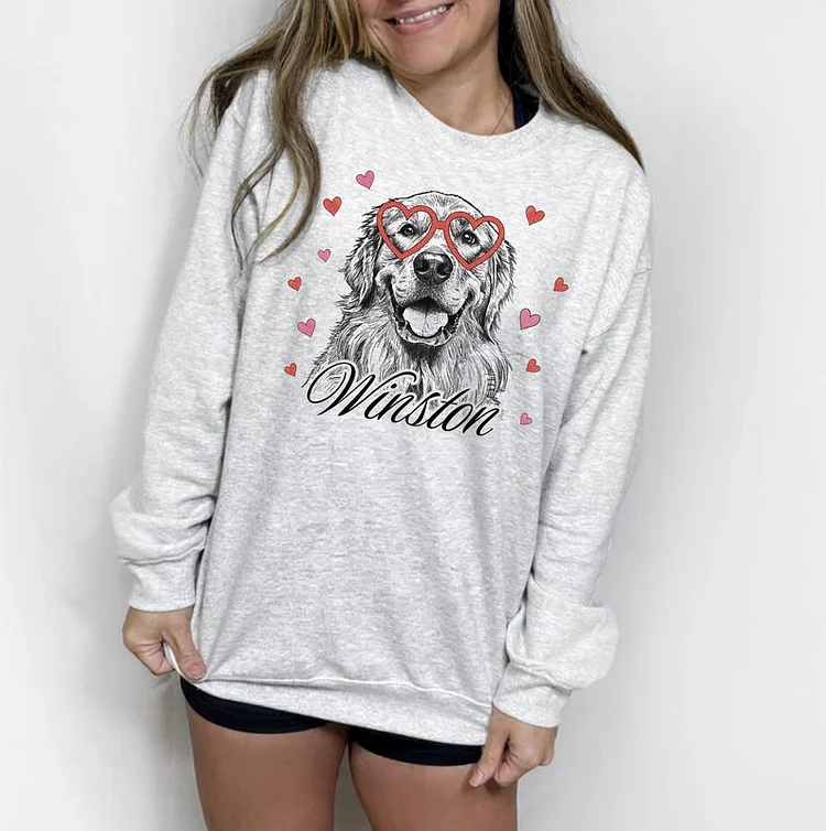 Custom Pet Valentine’s Day Sweatshirt - Personalized Dog/Cat Heart Glasses Graphic Crewneck