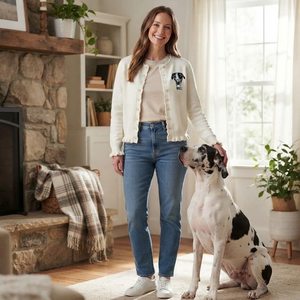 Custom Pet Portrait Ruffle Knit Cardigan, Personalized Embroidered Dog & Cat Sweater, Cozy Fall Winter Outfit for Pet Lovers