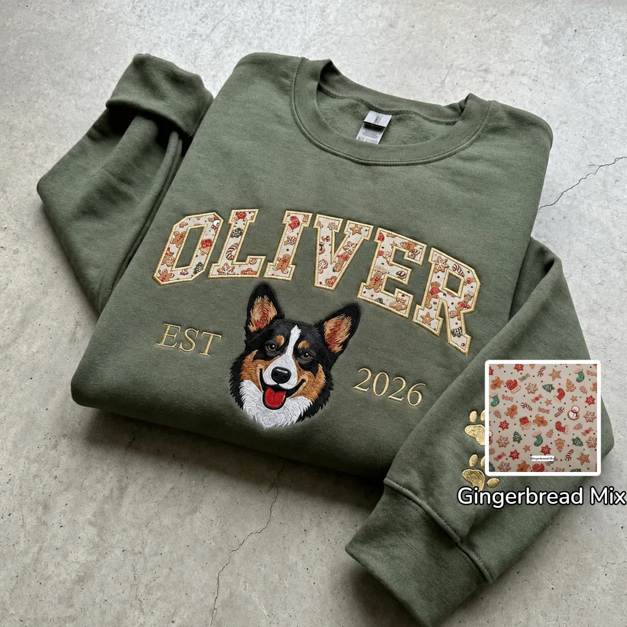 Custom Pet Portrait Embroidered Sweatshirt with Christmas Festive Name Applique