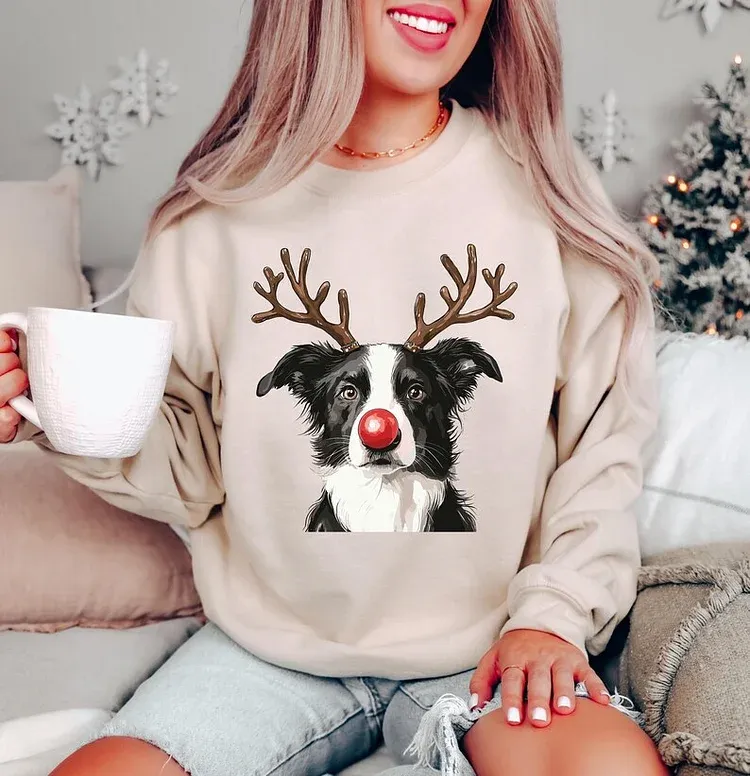 Custom Christmas Dog Photo Sweatshirt, Funny Dog Reindeer Sweatshirt
