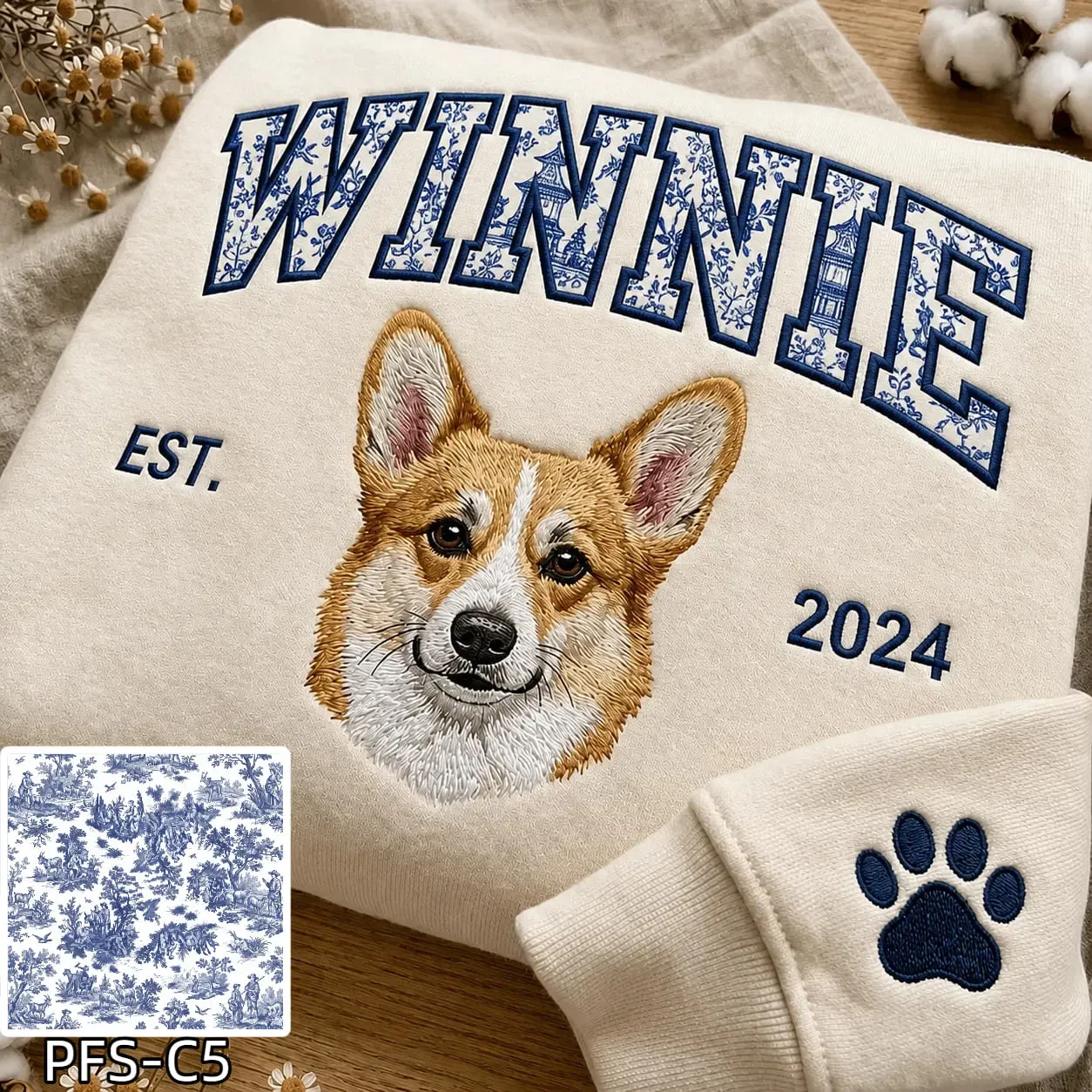 Custom Pet Portrait Embroidered Sweatshirt with Chinoiserie Appliqué Name