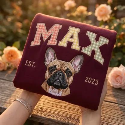 Custom Pet Portrait Embroidered Sweatshirt with Multi-Color Gingham Varsity Name