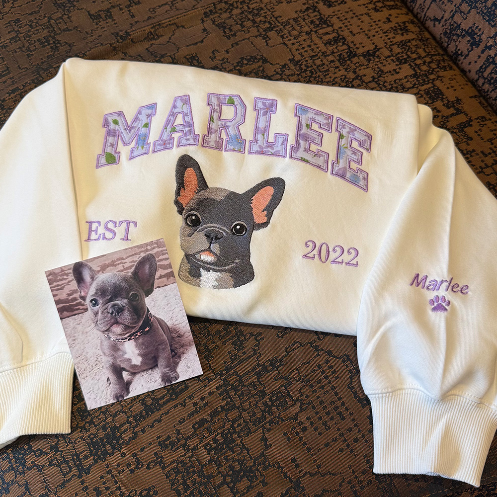 Custom Pet Portrait Floral Applique Embroidered T-Shirt Sweatshirt - Personalized Gift for Pet Lovers with EST Year