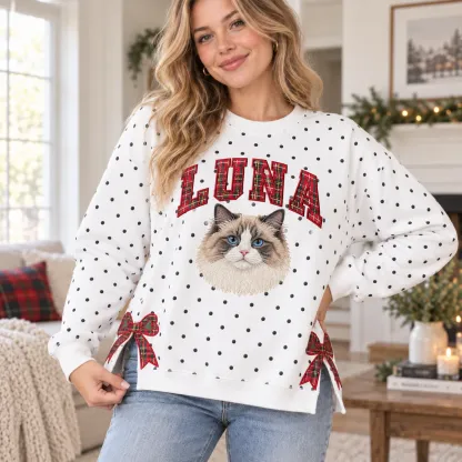 Personalized Pet Portrait Embroidered Polka Dot Sweatshirt with Plaid Bow Side Slits