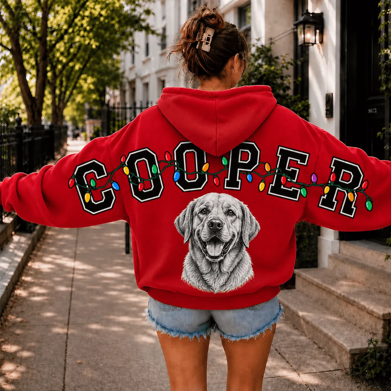 Custom Pet Portrait Christmas Sweatshirt — Distressed Big Back Name with String Lights, Dog Mom Hoodie