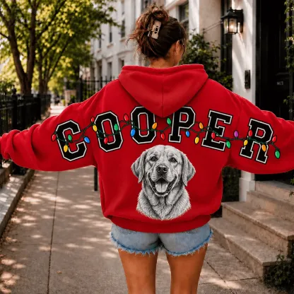 Custom Pet Portrait Christmas Sweatshirt — Distressed Big Back Name with String Lights, Dog Mom Hoodie