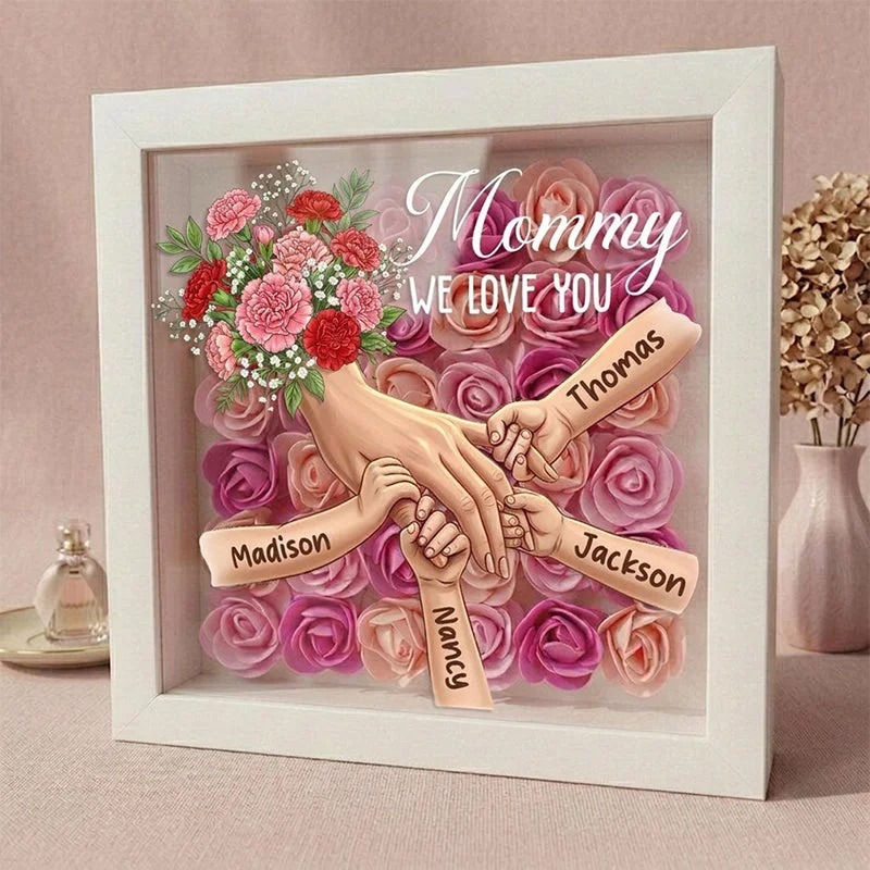 Forlovever™ Carnation Personalized Mom Holding Hands Memorial Shadow Box – Custom Name Remembrance Frame, Mother’s Day In Loving Memory Gift