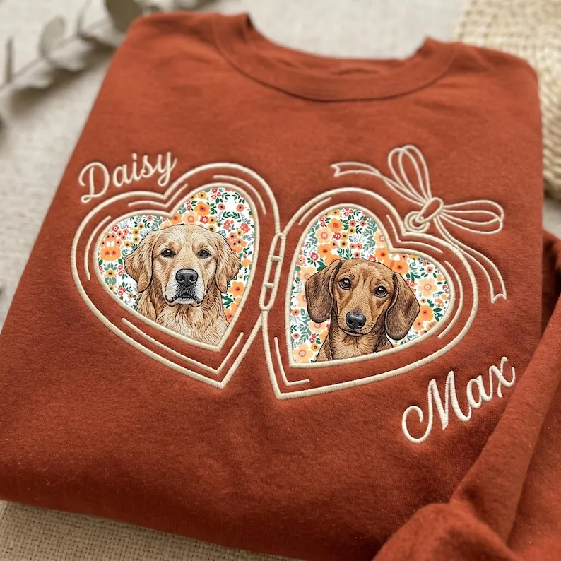 Custom Pet Portrait Embroidered Sweatshirt with Floral Applique Locket Heart with Bow
