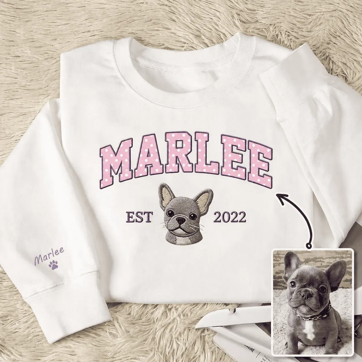 Custom Pet Portrait Embroidered Sweatshirt with Polka Dot Applique Varsity Name