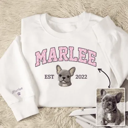 Custom Pet Portrait Embroidered Sweatshirt with Polka Dot Applique Varsity Name
