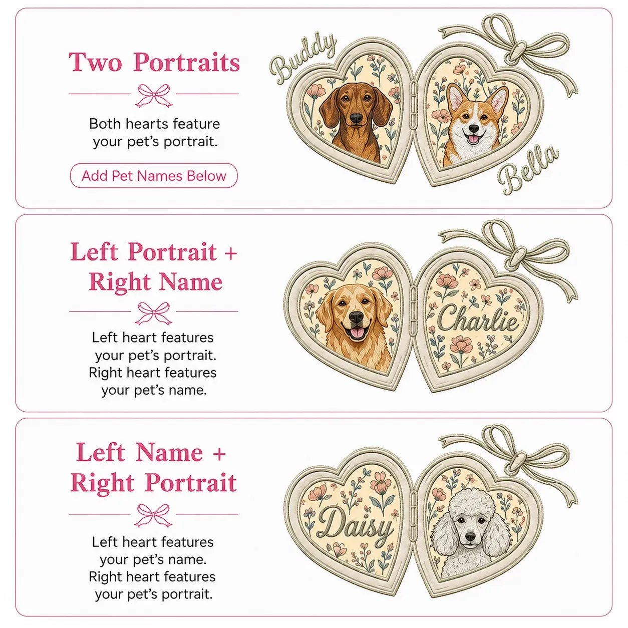Custom Pet Portrait Embroidered Sweatshirt with Floral Applique Locket Heart with Bow