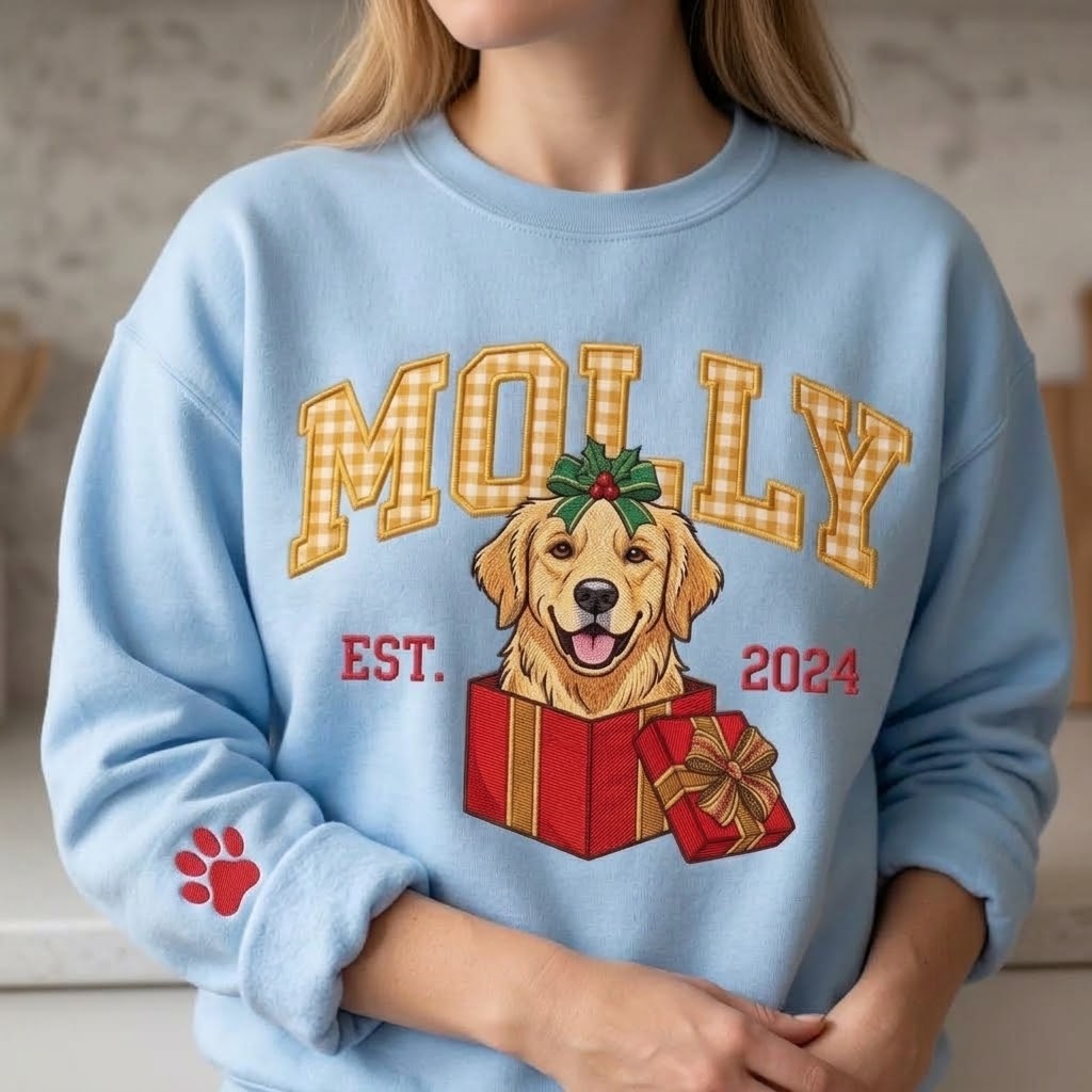 Custom Dog Portrait Christmas Sweatshirt, Personalized Pet Name Gingham Pullover