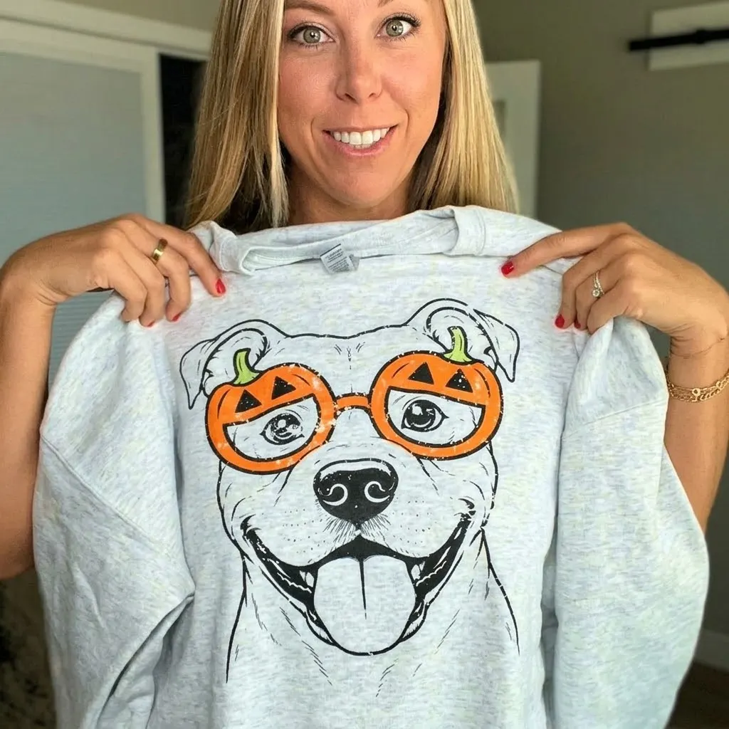 Custom Halloween Pet Portrait Sweatshirt – Custom Dog & Cat Pumpkin Glasses Crewneck