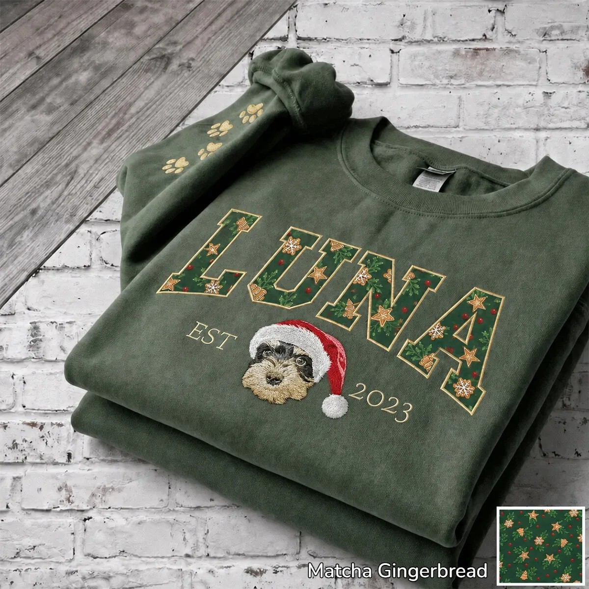 Custom Pet Portrait Embroidered Sweatshirt with Christmas Festive Name Applique