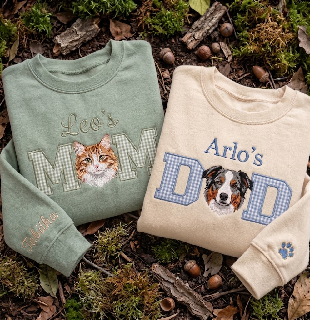Custom Pet Portrait Appliqué Embroidered Sweatshirt, Pet Mom & Dad Gift
