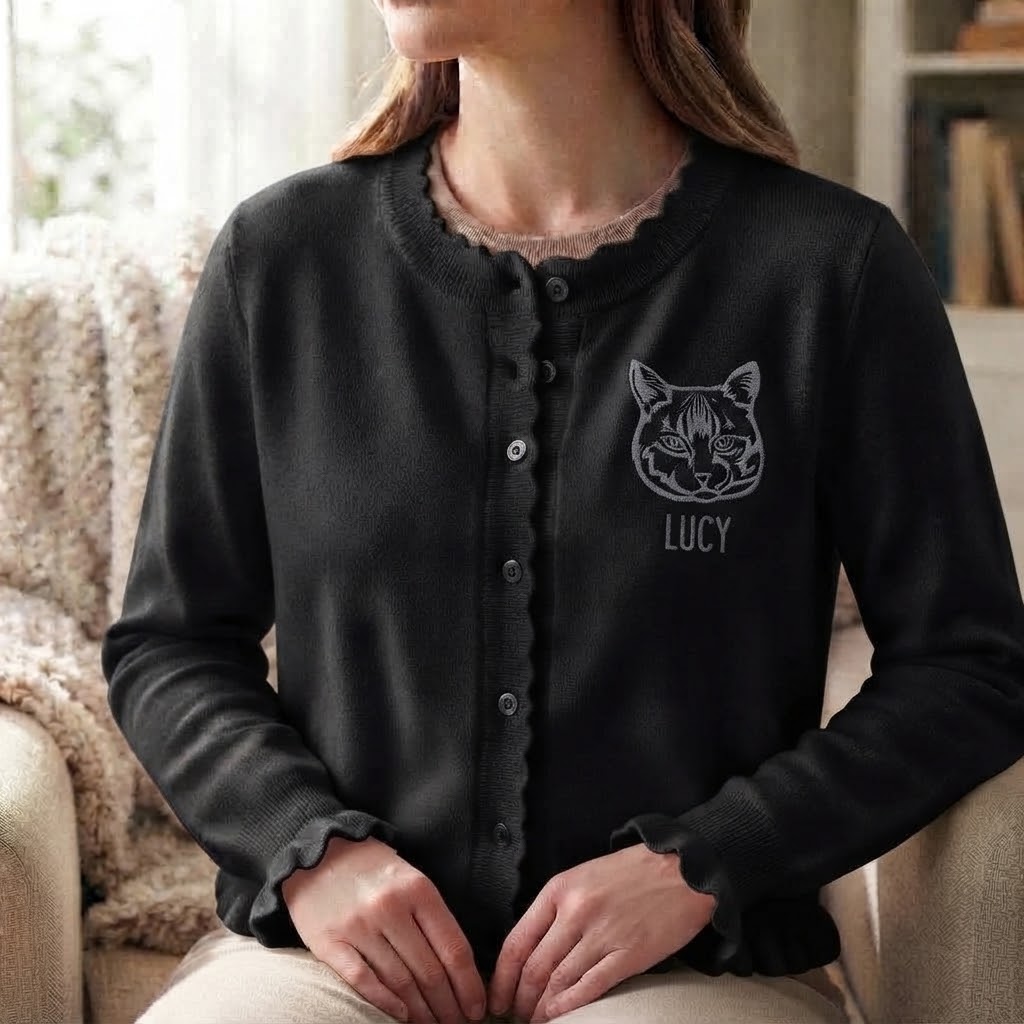 Custom Pet Portrait Ruffle Knit Cardigan, Personalized Embroidered Dog & Cat Sweater, Cozy Fall Winter Outfit for Pet Lovers