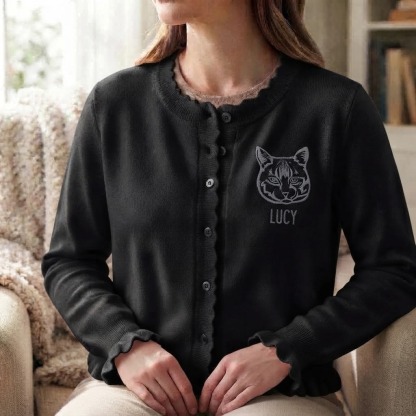 Custom Pet Portrait Ruffle Knit Cardigan, Personalized Embroidered Dog & Cat Sweater, Cozy Fall Winter Outfit for Pet Lovers