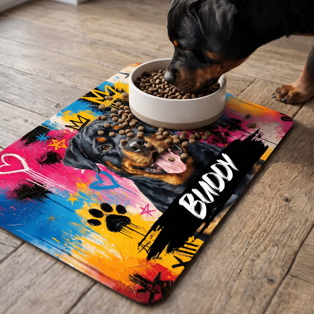Personalized Graffiti Oil Painting Style Crown Pet Photo Pet Feeding Mat with Name Home Decor Pet Supplies Birthday Gift for Pet Owners Lovers