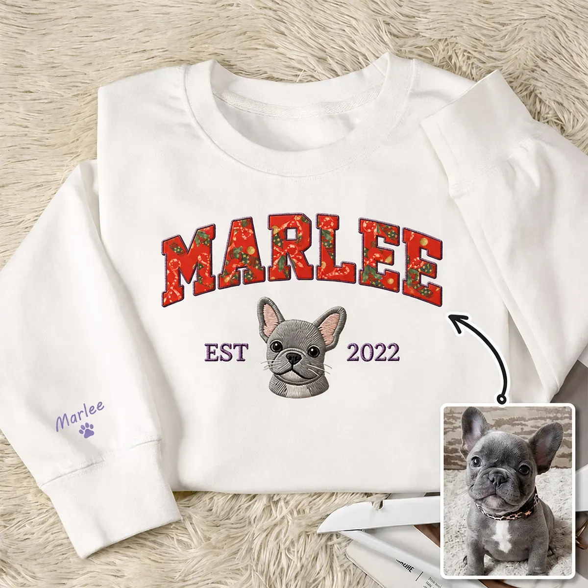 Custom Pet Portrait Embroidered Sweatshirt with Christmas Festive Name Applique