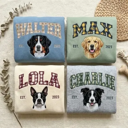 Custom Pet Portrait Embroidered Sweatshirt with Gingham Varsity Name