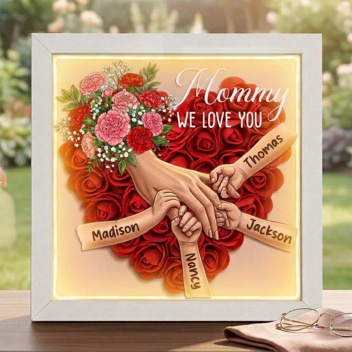 Forlovever™ Carnation Personalized Mom Holding Hands Memorial Shadow Box – Custom Name Remembrance Frame, Mother’s Day In Loving Memory Gift