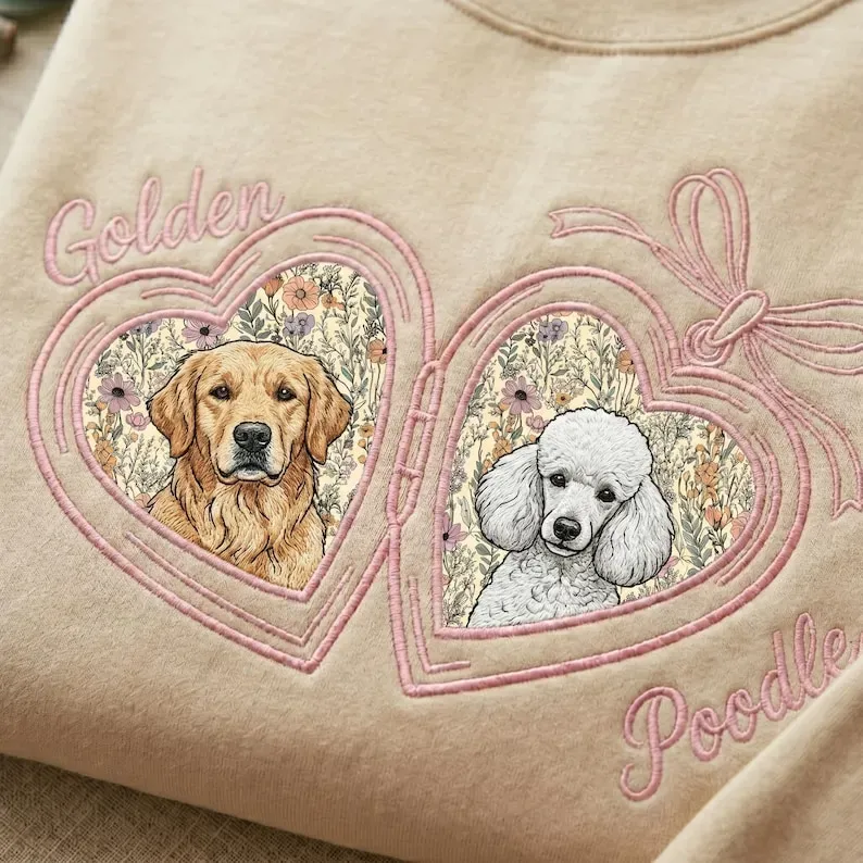 Custom Pet Portrait Embroidered Sweatshirt with Floral Applique Locket Heart with Bow
