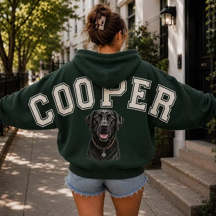 Custom Pet Portrait Sweatshirt with Distressed Big Back Name, Dog Mom Hoodie
