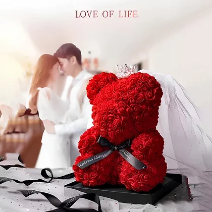 Rose Teddy Bear With Pearl (Handmade Rose, Preserved Forever)