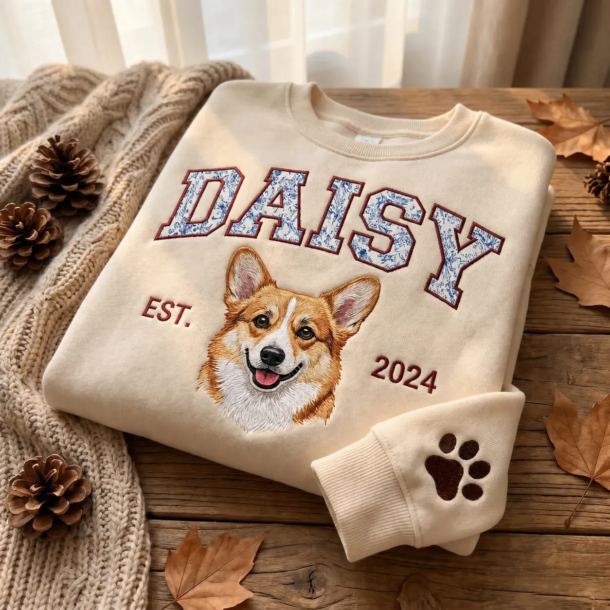 Custom Pet Portrait Embroidered Sweatshirt with Chinoiserie Appliqué Name